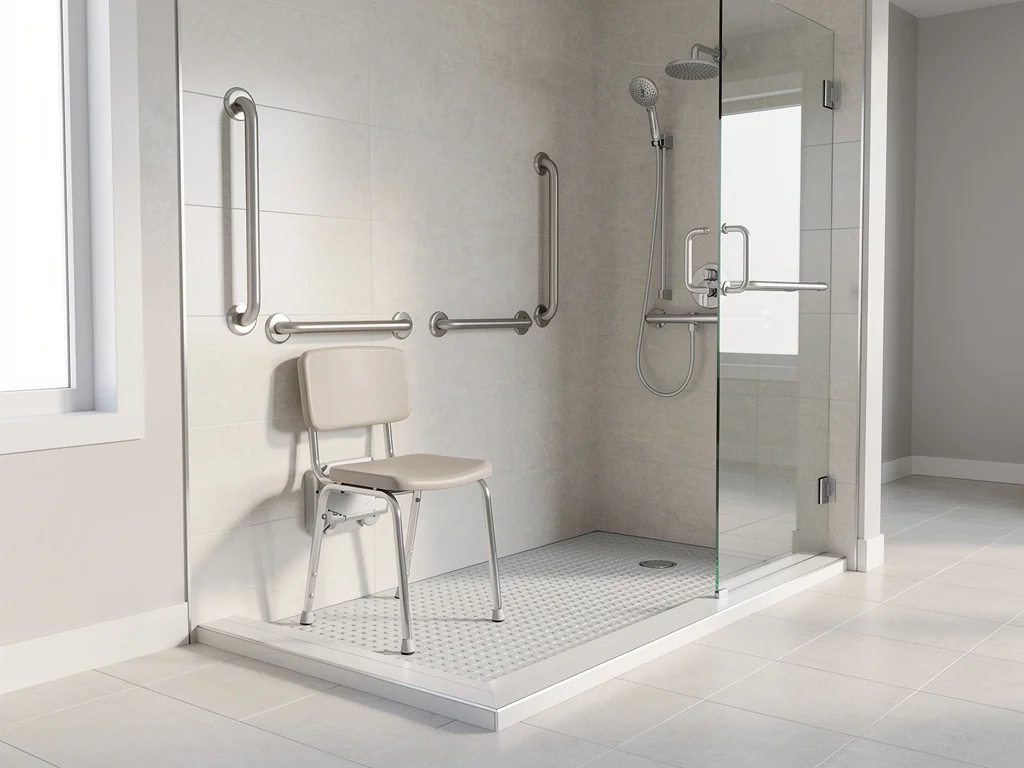 Salle de bain sénior équipée de barres d'appui et d'un siège de douche rabattable